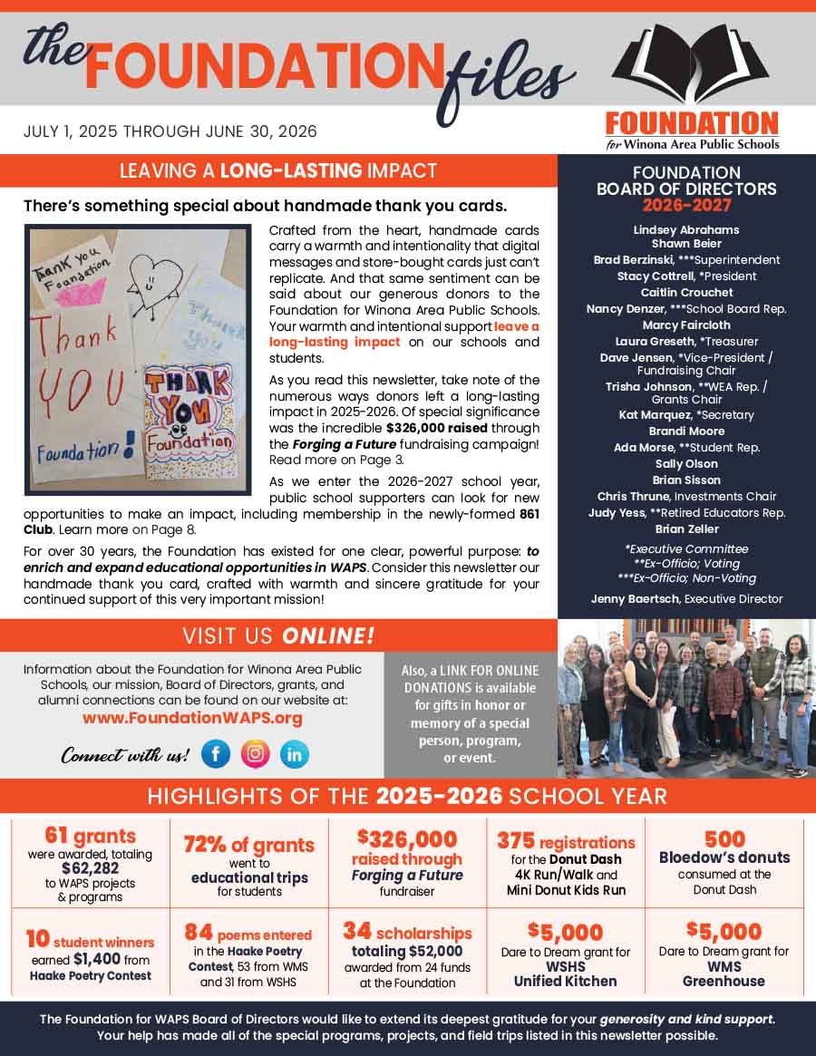 Foundation for Winona Area Public Schools Newsletter Front Page 2025-2026